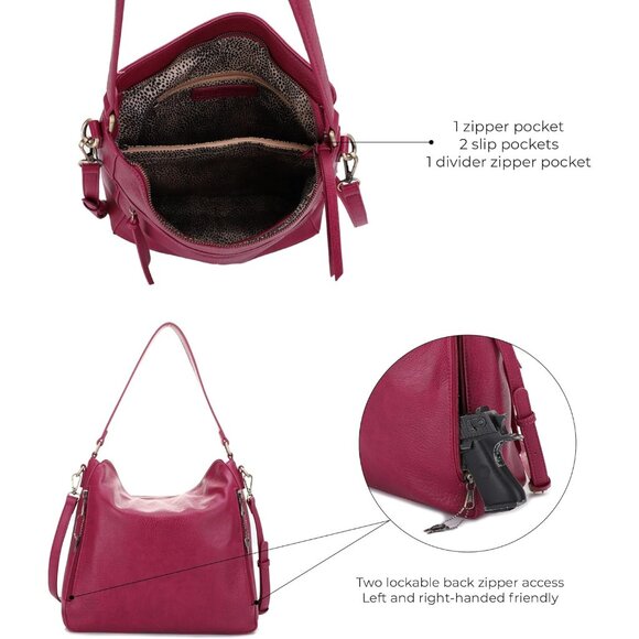 Dakota Vegan Faux Leather Berry Hobo Purse with Concealed Carry and Adjustable S - Picture 5 of 7